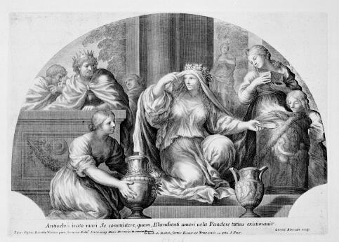 Gravure montrant plusieurs personnages autour d’une femme assise tenant un plat.