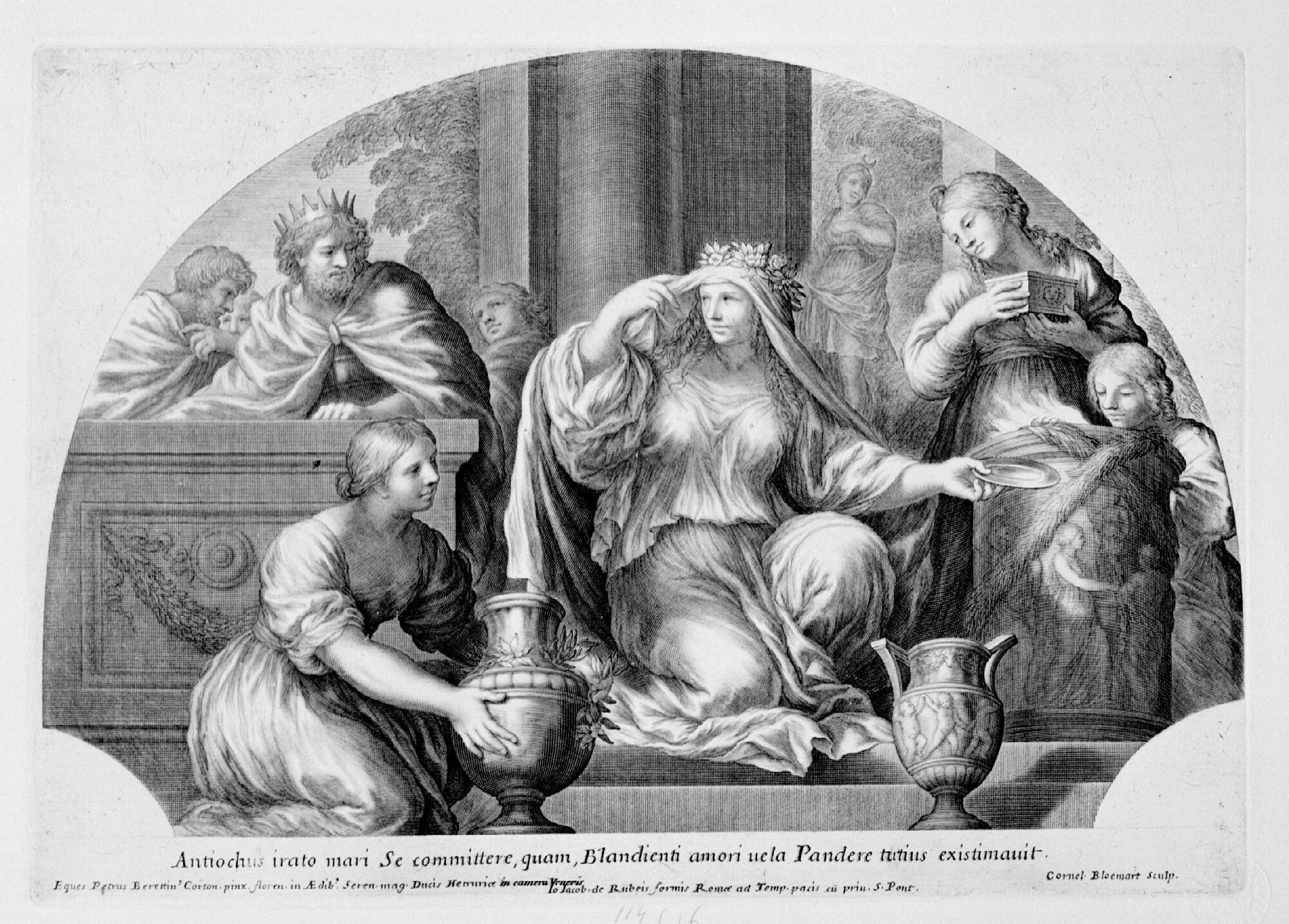 Preview of: Heroicae virtutis imagines quas eques Petrus Berettinus Cortonensis pinxit Florentiae in aedibus Sereniss. Magni Ducis Hetruriae in tribus cameris Iovis, Martis, et Veneris Gravure montrant plusieurs personnages autour d’une femme assise tenant un plat.
