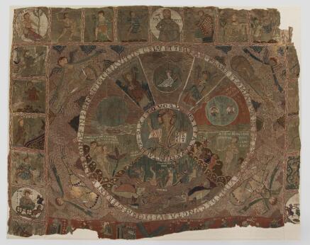 Tapisserie médiévale représentant une scène religieuse de la Création, organisée autour d'un médaillon central.
