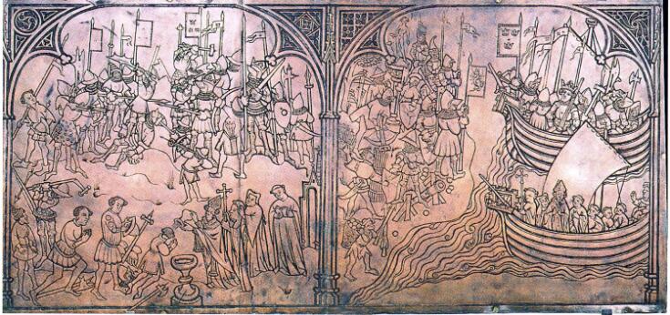Illustration médiévale représentant une scène de croisade avec des combats terrestres et des navires.