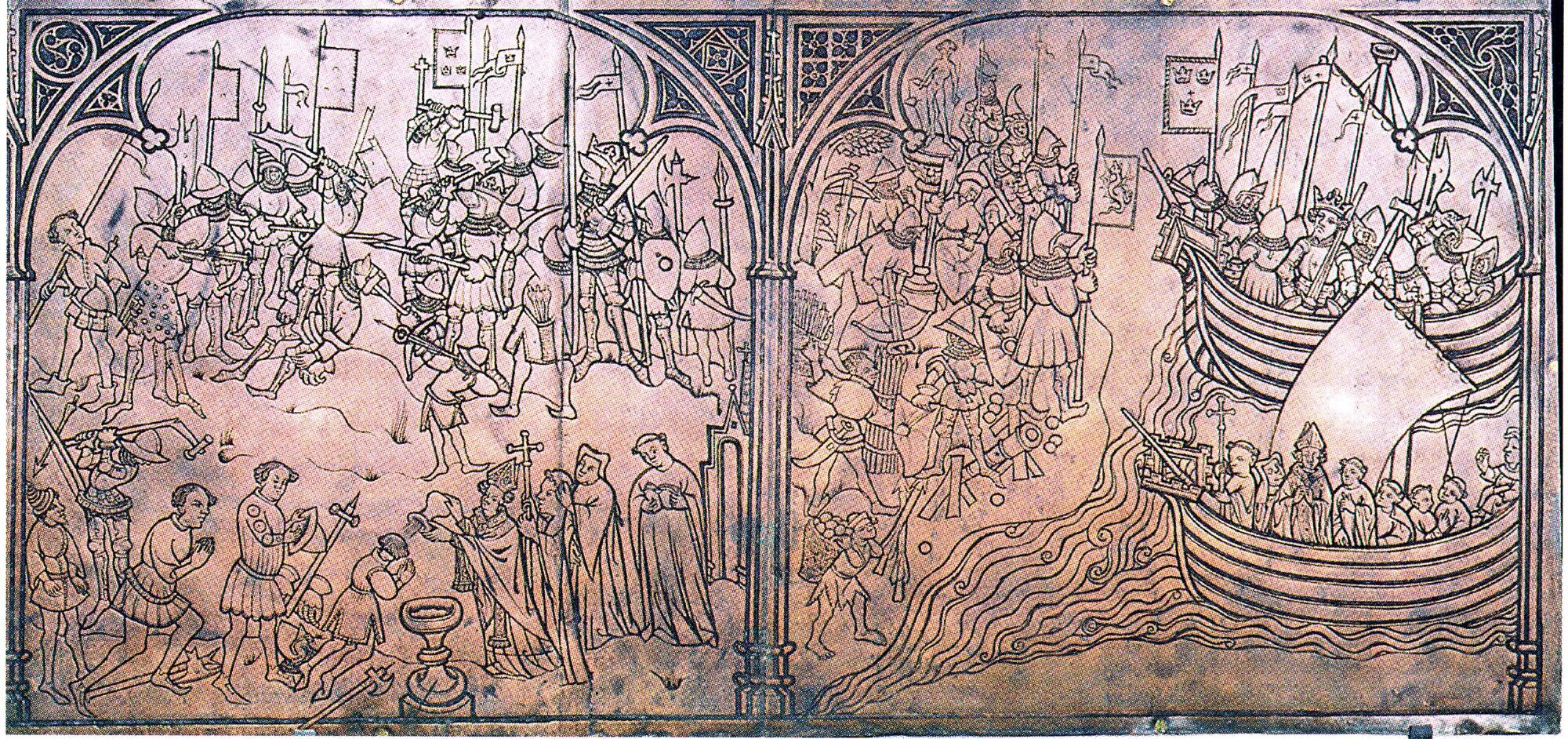 Illustration médiévale représentant une scène de croisade avec des combats terrestres et des navires.