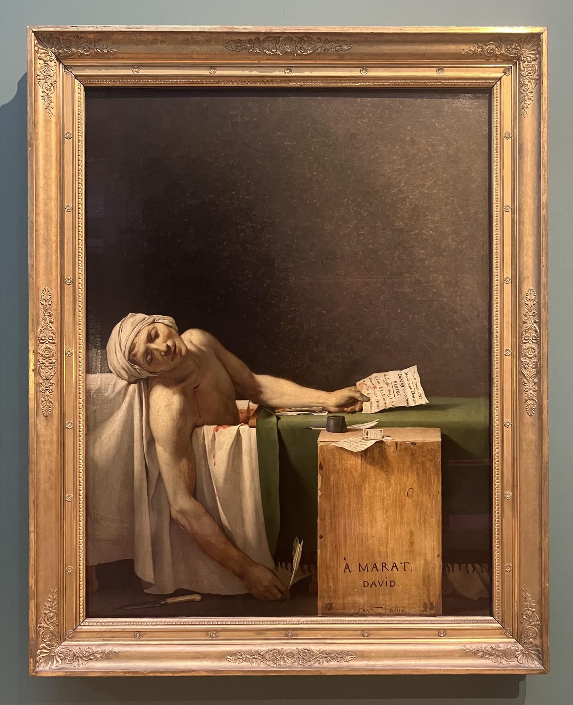 Preview of: The Death of Marat Homme mourant affaissé dans une baignoire, tenant une lettre à la main.