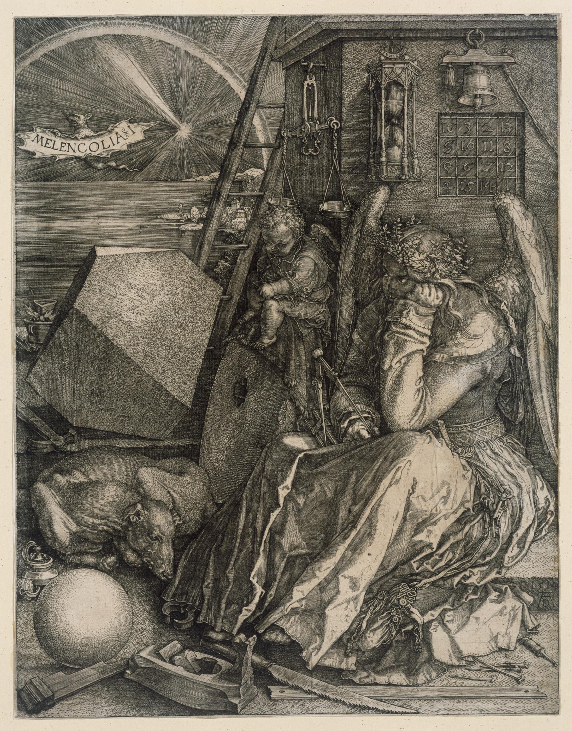 Preview of: Melencolia I Gravure montrant un ange pensif entouré d'objets symboliques et d'outils.