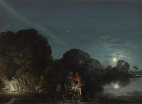 Paysage nocturne avec voyageurs, feu de camp et pleine lune.