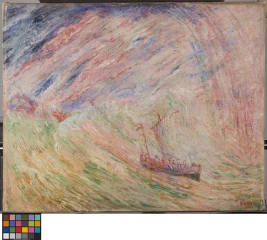 Peinture d'un bateau pris dans une mer agitée sous un ciel tourmenté.