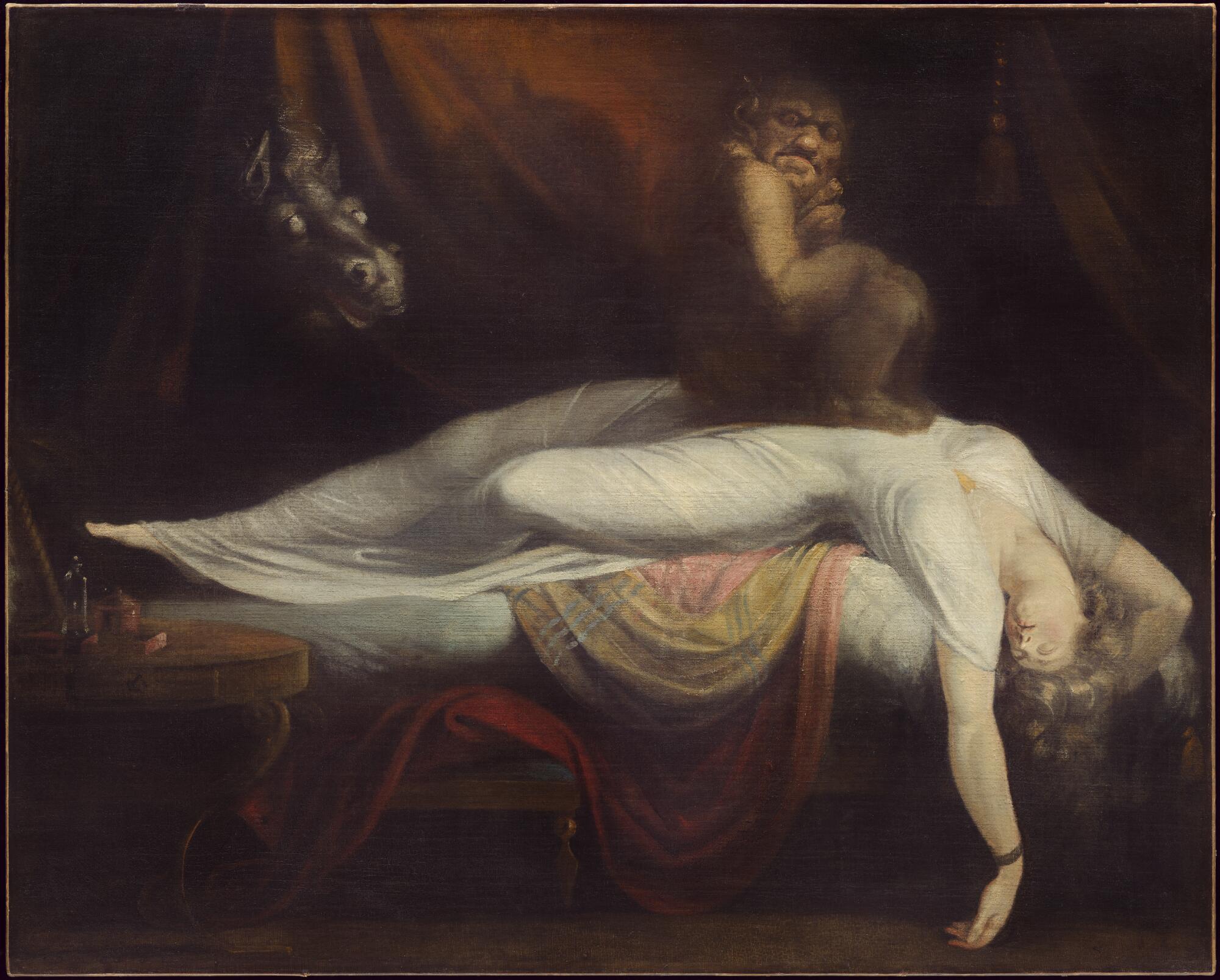 Preview of: The Nightmare Peinture représentant une femme endormie, un incubus assis sur sa poitrine et une tête de cheval surgissant des rideaux.