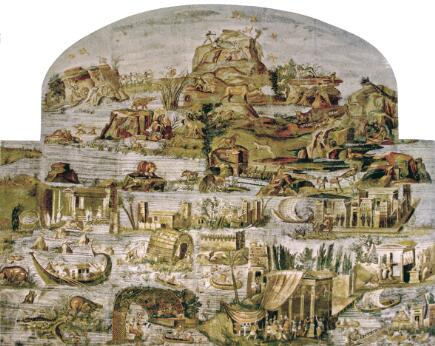 Mosaïque antique représentant une vue idéalisée du Nil, peuplée de scènes de navigation, d'animaux et d'architectures.
