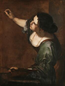 Autoportrait d'une femme peintre au travail tenant une palette et un pinceau devant sa toile.