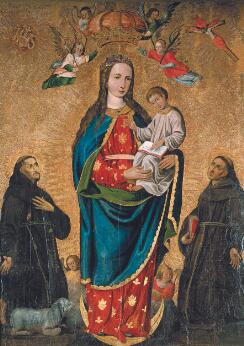 Peinture représentant une femme couronnée tenant un enfant