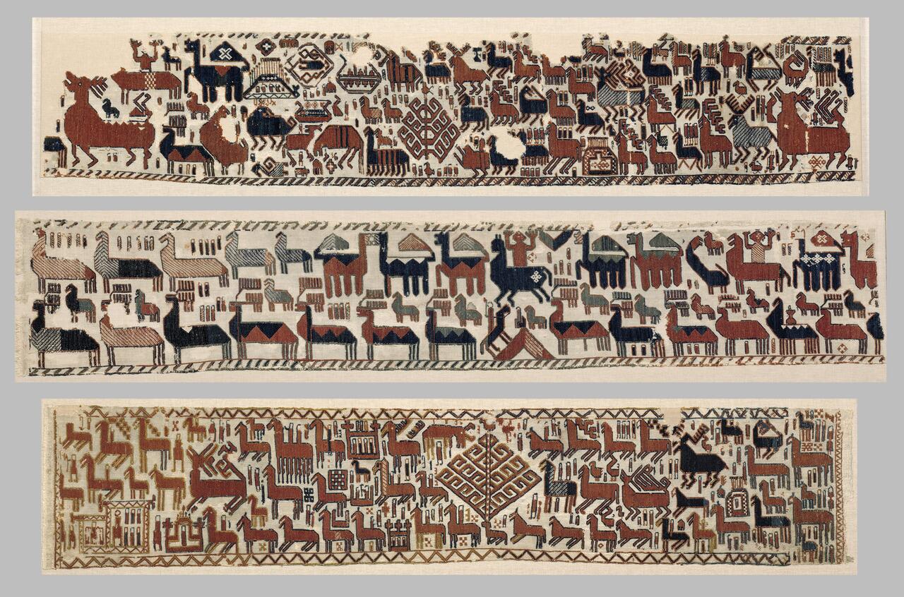 Preview of: The Överhogdal Tapestries Ensemble de tapisseries médiévales ornées de motifs géométriques, d'animaux stylisés et de scènes symboliques tissées en rouge, bleu et brun.