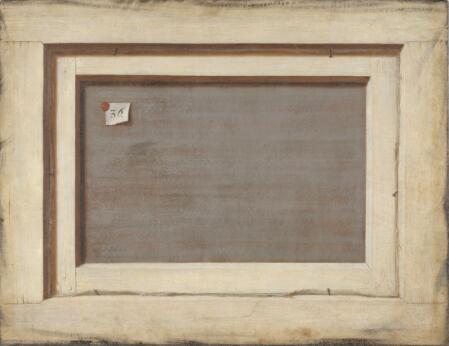 Trompe-l'œil représentant le revers d'un tableau encadré, avec son châssis en bois, sa toile tendue et une étiquette numérotée fixée au support, imitant fidèlement les éléments matériels de l'œuvre.