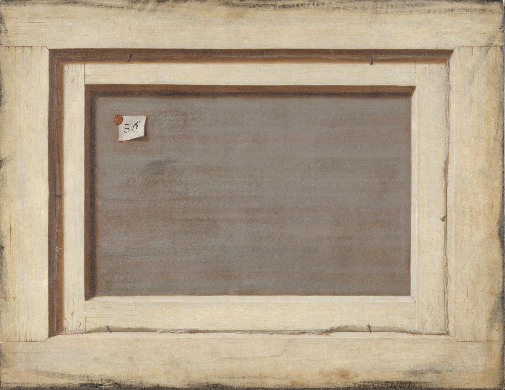 Trompe-l'œil représentant le revers d'un tableau encadré, avec son châssis en bois, sa toile tendue et une étiquette numérotée fixée au support, imitant fidèlement les éléments matériels de l'œuvre.