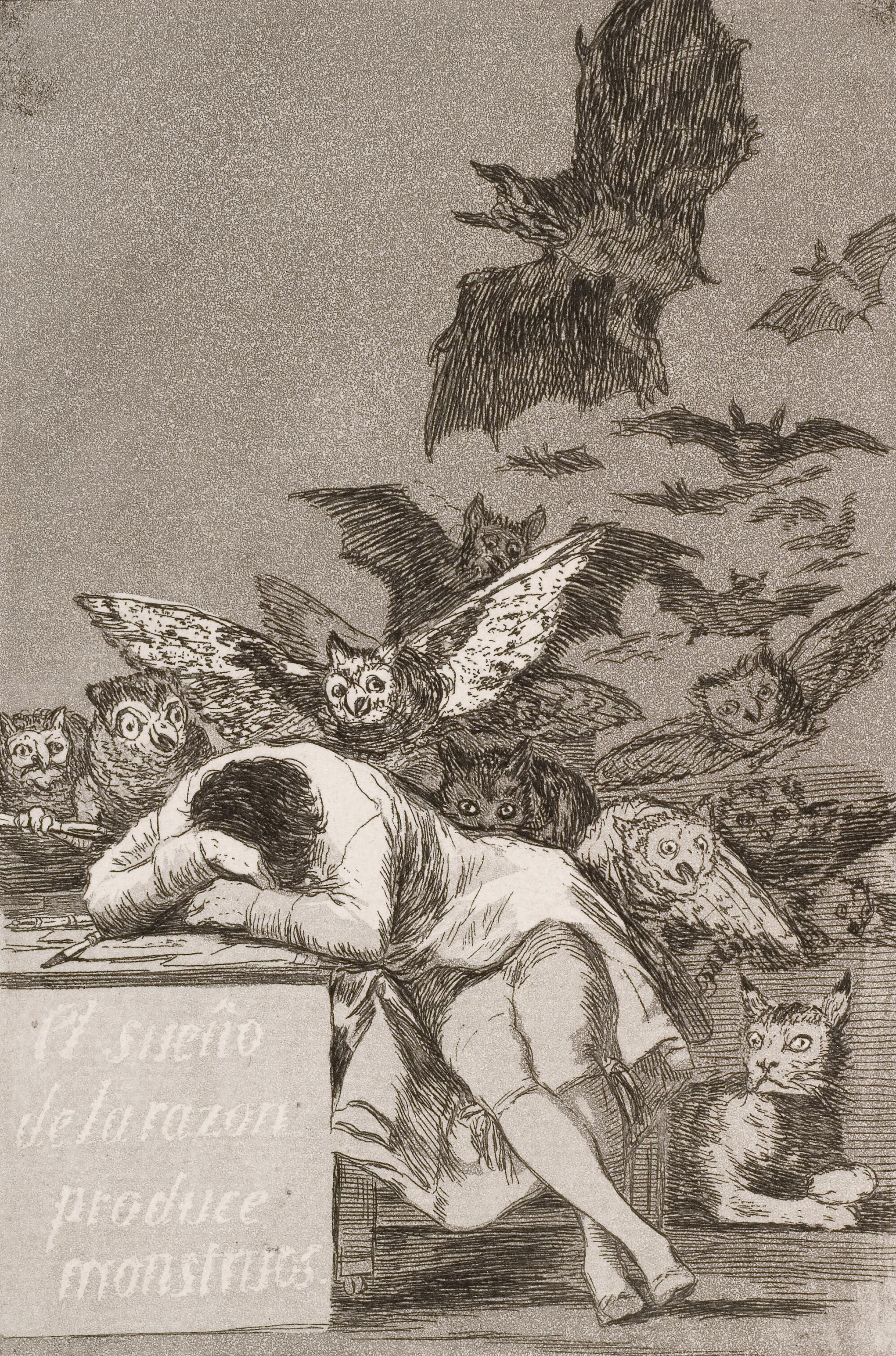 Preview of: The Sleep of Reason Produces Monsters Gravure représentant un homme endormi à sa table assailli par des hiboux, des chauves-souris et un chat, allégorie des cauchemars et des créatures fantastiques.