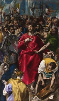 Peinture représentant le Christ en tunique rouge entouré de soldats et de bourreaux avant la Crucifixion.