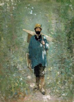 Peinture représentant un homme portant son matériel de peinture dans un paysage boisé.