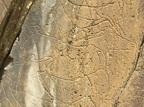 Gravure rupestre préhistorique représentant un grand équidé et d'autres figures animales incisées sur une paroi rocheuse, appartenant au site d'art rupestre de la vallée du Côa.
