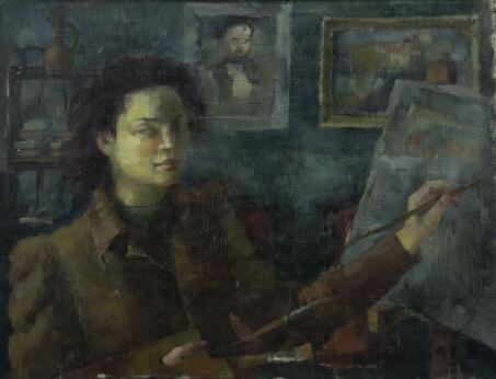 Peinture représentant une femme en train de peindre devant son chevalet dans un atelier.