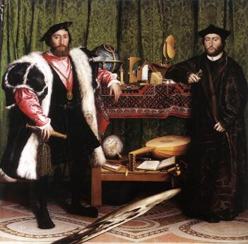 Peinture représentant deux hommes richement vêtus entourés d'instruments scientifiques, de livres et d'objets de musique.