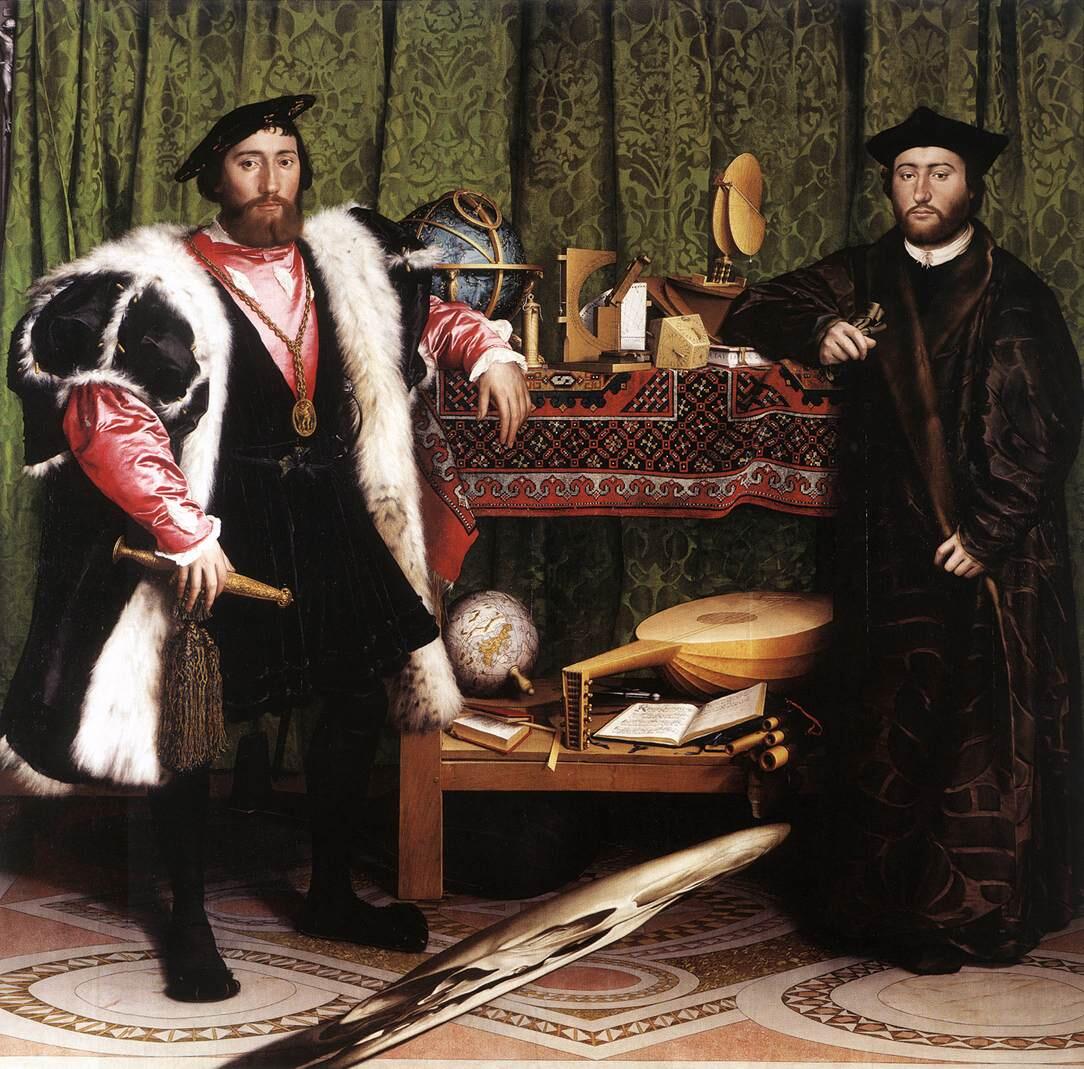 Preview of: The Ambassadors Peinture représentant deux hommes richement vêtus entourés d'instruments scientifiques, de livres et d'objets de musique.