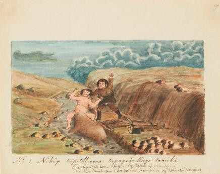 Dessin coloré montrant deux personnages assis sur un rocher dans un paysage vallonné