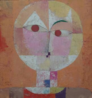 Peinture abstraite représentant un visage stylisé, construit à partir de formes géométriques colorées inscrites dans un cercle sur un fond ocre.