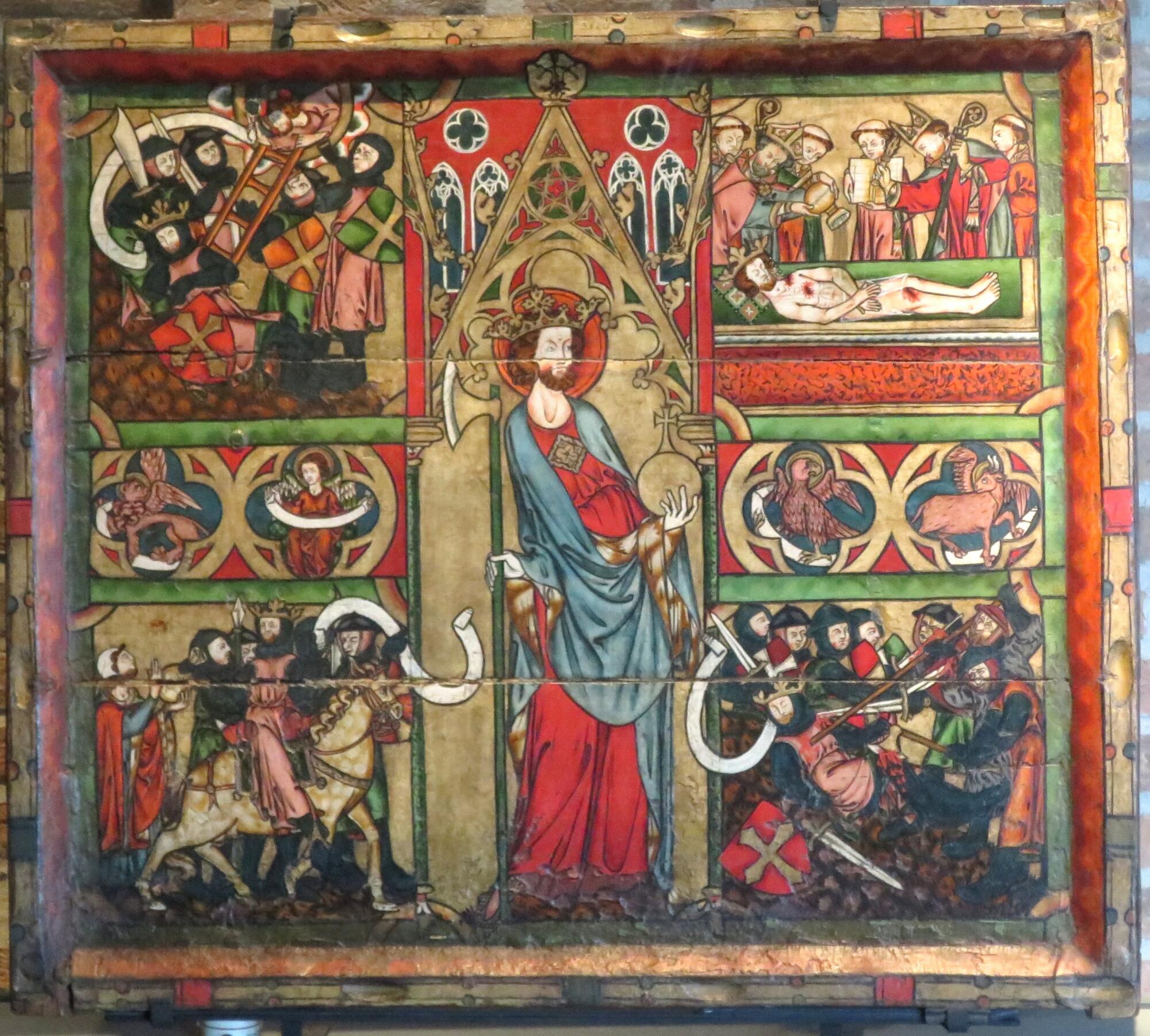 Preview of: Saint Olav’s Altar Frontal Panneau peint médiéval représentant saint Olaf entouré de scènes de sa vie et de son martyre, dans un style gothique.