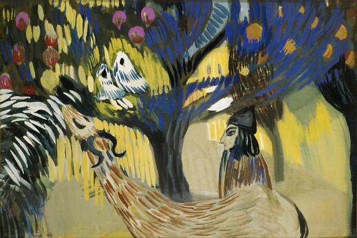 Peinture colorée représentant un grand oiseau au premier plan