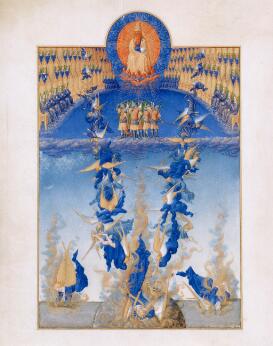 Enluminure représentant une scène religieuse avec Dieu en majesté entouré d'anges et de saints, tandis que des anges combattent et précipitent les anges déchus vers les flammes.