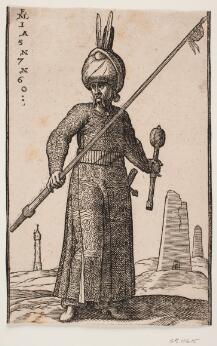Gravure représentant un personnage ottoman en costume traditionnel, tenant une lance et une masse d'armes.