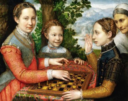 Quatre femmes en vêtements richement ornés sont réunies autour d’un échiquier, dans un paysage arboré avec une vue lointaine à l’arrière-plan.