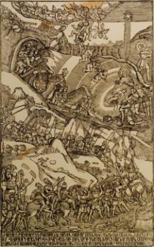 Gravure représentant une scène religieuse avec la Nativité, des anges et une foule de personnages.