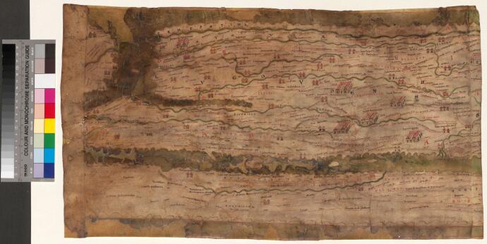 Carte itinéraire antique sur parchemin représentant le réseau routier de l'Empire romain, avec villes, routes et principaux sites figurés de manière schématique.
