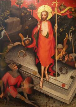 Peinture représentant le Christ ressuscité sortant du tombeau devant des soldats.