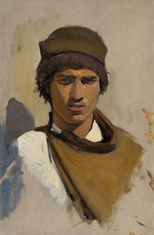 Preview of: The Portrait of a Gypsy Peinture représentant le portrait en buste d'un jeune homme coiffé d'une toque en fourrure et vêtu d'un manteau brun.