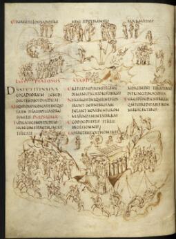 Page de manuscrit enluminé illustrée de scènes bibliques dessinées à l'encre, accompagnant un texte latin en écriture caroline.