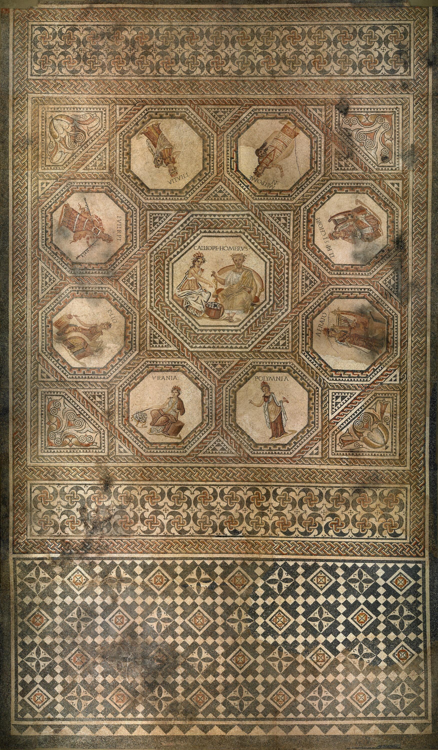 Preview of: Vichten, Mosaic of the Muses Mosaïque romaine composée de motifs géométriques et de médaillons figurés, organisée autour d'une scène centrale représentant des personnages de la tradition classique.