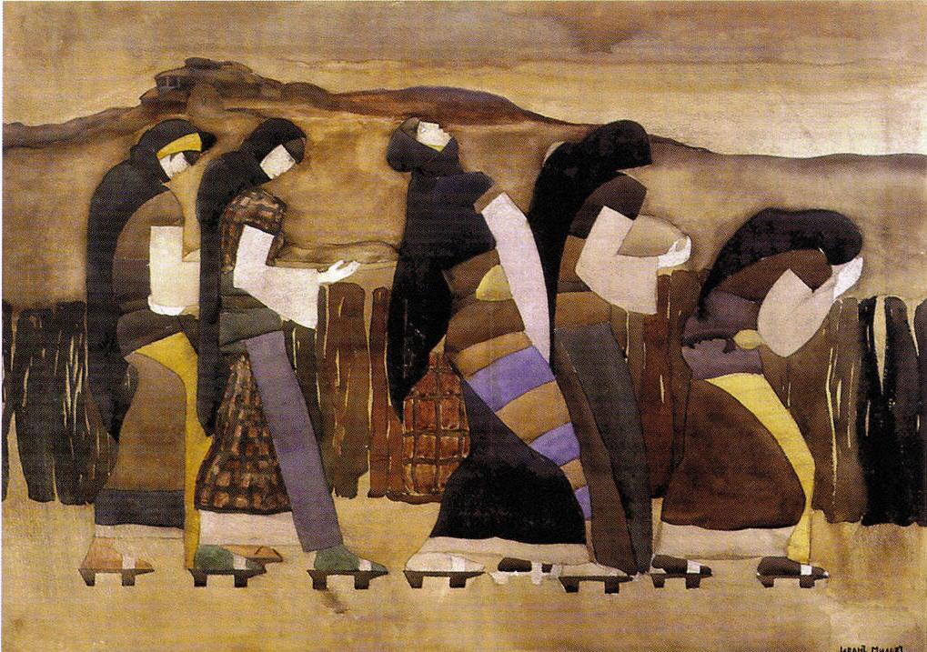 Preview of: Our Mothers are Always Dressed in Black Peinture représentant cinq femmes vêtues de longues robes sombres, marchant en file dans un paysage dépouillé et tenant des paniers ou des récipients.