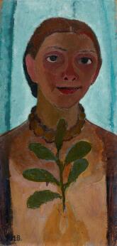 Peinture représentant un autoportrait en buste d'une femme tenant une branche de camélia devant elle, sur un fond bleu clair.