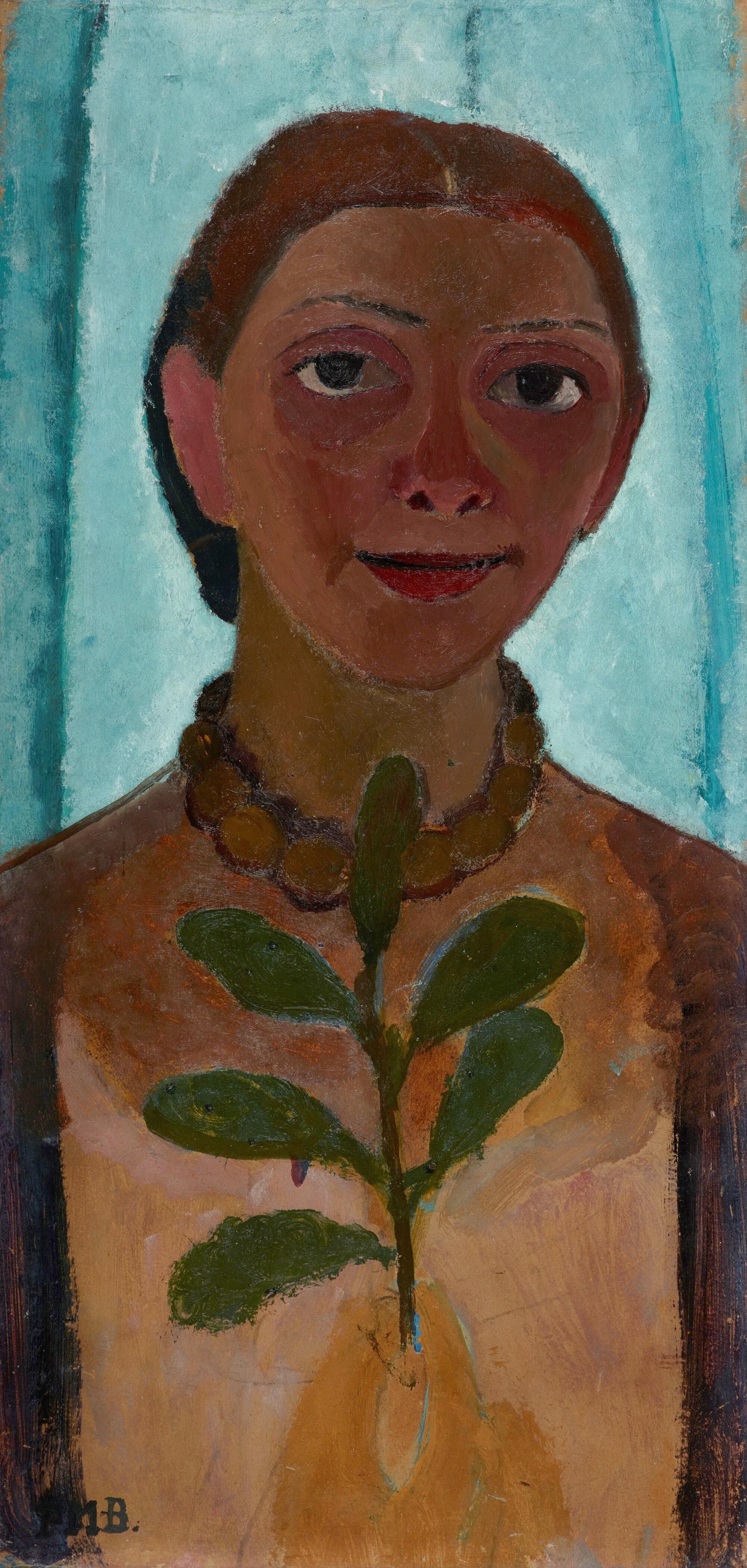 Preview of: Selbstbildnis mit Kamelienzweig (Self-portrait with the Camellia Branch) Peinture représentant un autoportrait en buste d'une femme tenant une branche de camélia devant elle, sur un fond bleu clair.