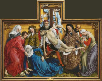 Peinture religieuse représentant la Déposition du Christ, entouré de la Vierge évanouie, de saint Jean et de plusieurs figures en deuil, dans une composition gothique sur fond doré.