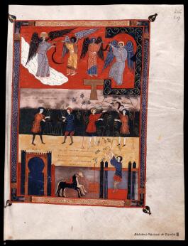 Page enluminée médiévale présentant plusieurs scènes avec personnages, anges, animaux et architectures, encadrées de motifs décoratifs et de textes manuscrits.