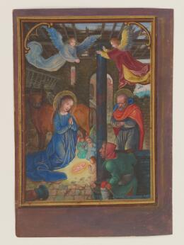 Peinture religieuse montrant plusieurs personnages autour d’un enfant allongé au sol, avec deux anges ailés dans un bâtiment ouvert.
