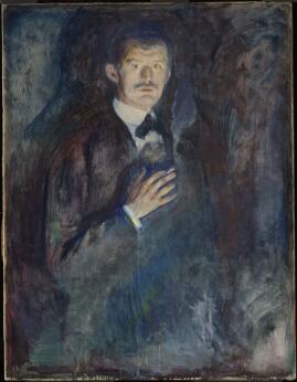 Peinture représentant le portrait d'un homme en buste tenant une cigarette fumante, sur un fond sombre aux tonalités bleues et violettes.