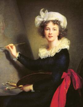 Portrait peint d'une femme artiste tenant une palette et un pinceau, représentée en train de peindre devant un chevalet, vêtue d'une robe élégante et d'une coiffe blanche.