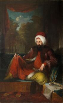 Portrait peint d'un dignitaire ottoman assis sur un divan, vêtu d'un caftan richement orné et d'un turban, tenant un chapelet, dans un intérieur ouvrant sur un paysage.