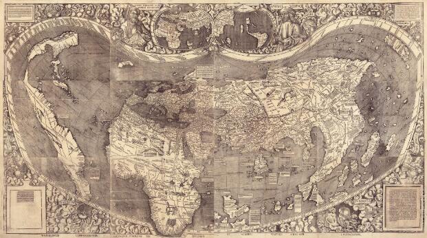 Carte du monde gravée de la Renaissance, illustrant les connaissances géographiques du début du XVIᵉ siècle avec un riche décor ornemental et des représentations des continents.