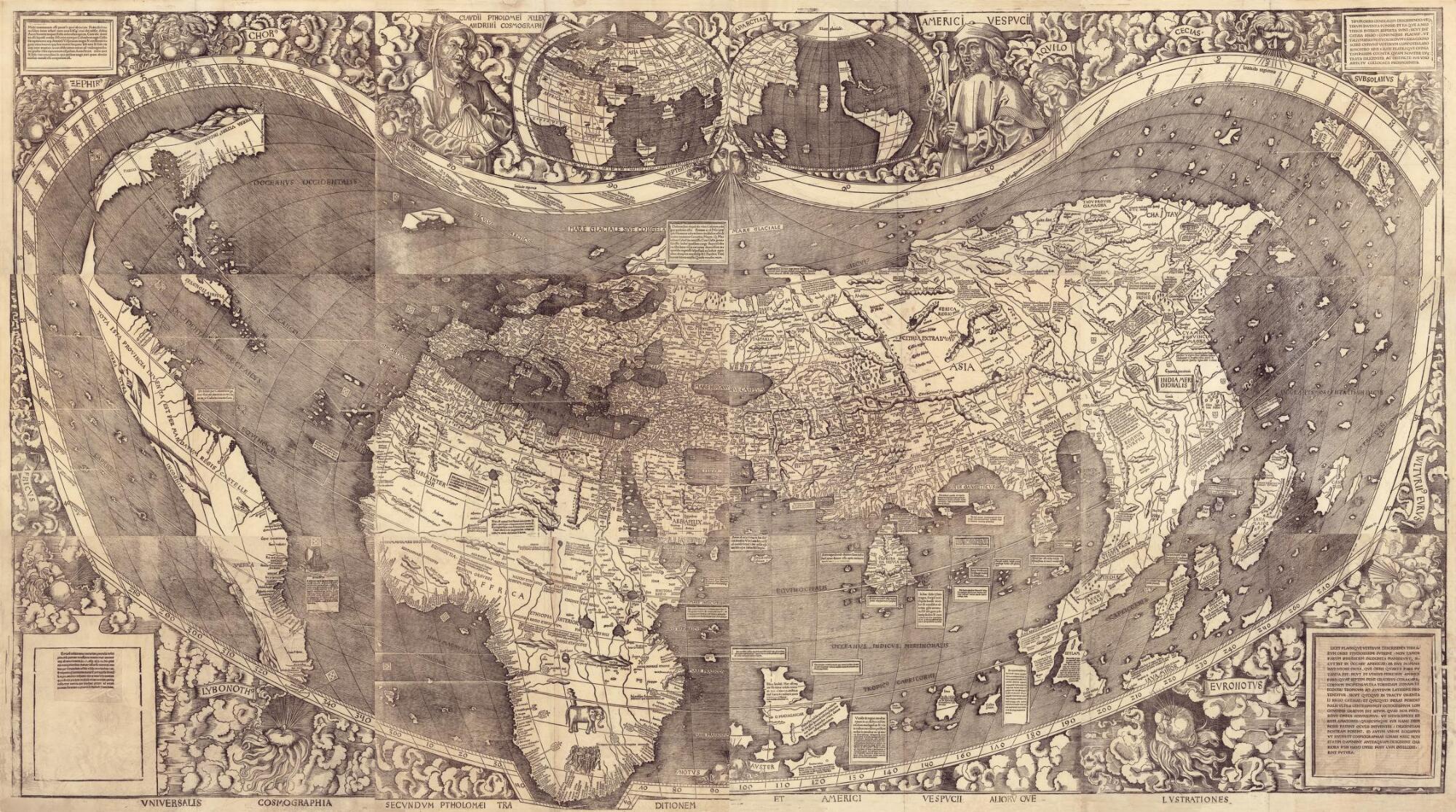 Discover World map: Universalis Cosmographia Secundum Ptholomaei Traditionem et Americi Vespucii Alioru[m]que Lustrationes, St. Dié