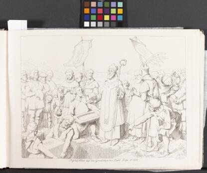 Dessin en noir et blanc représentant plusieurs personnages armés s’affrontant sur une embarcation