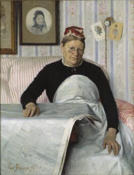 Portrait d'une femme en buste, vêtue d'un manteau bordé de fourrure et d'un ruban bleu, représentée sur un fond sombre dans un style sobre et réaliste du XVIIIᵉ siècle.