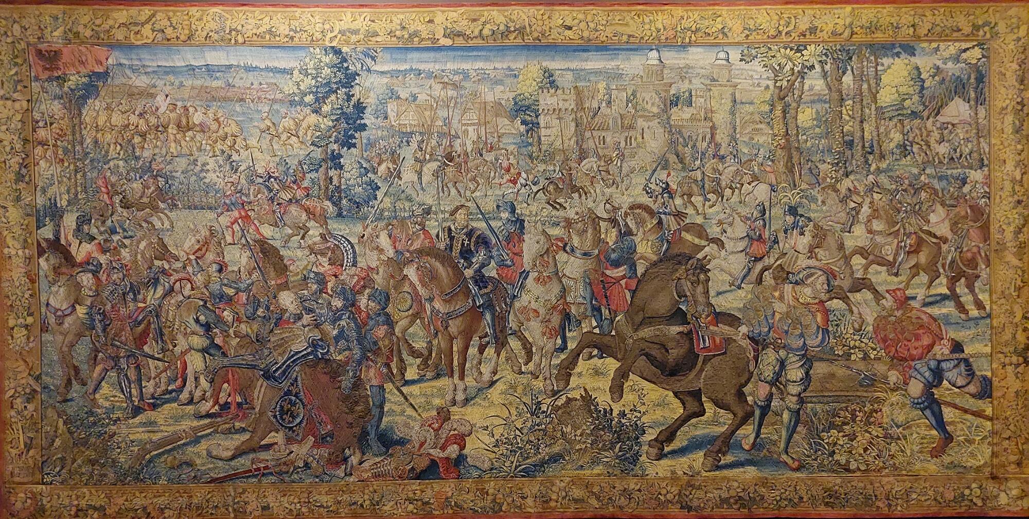 Discover Invasione del campo francese e fuga delle dame e dei civili al seguito di Francesco I è il quarto dei sette arazzi che rappresentano la Battaglia di Pavia